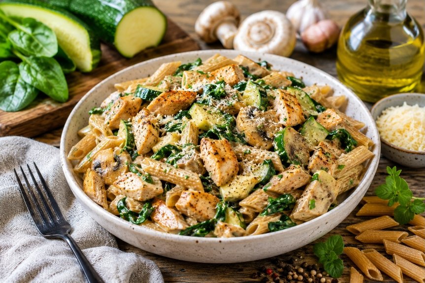 Romige high protein pasta met kip & groenten
