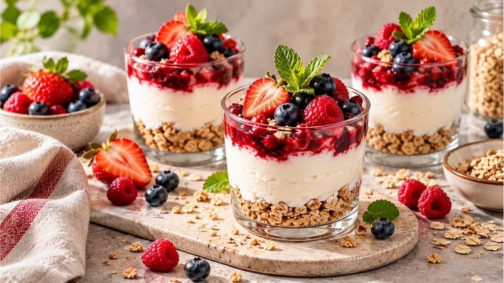 cheesecake in een glaasje met rood fruit